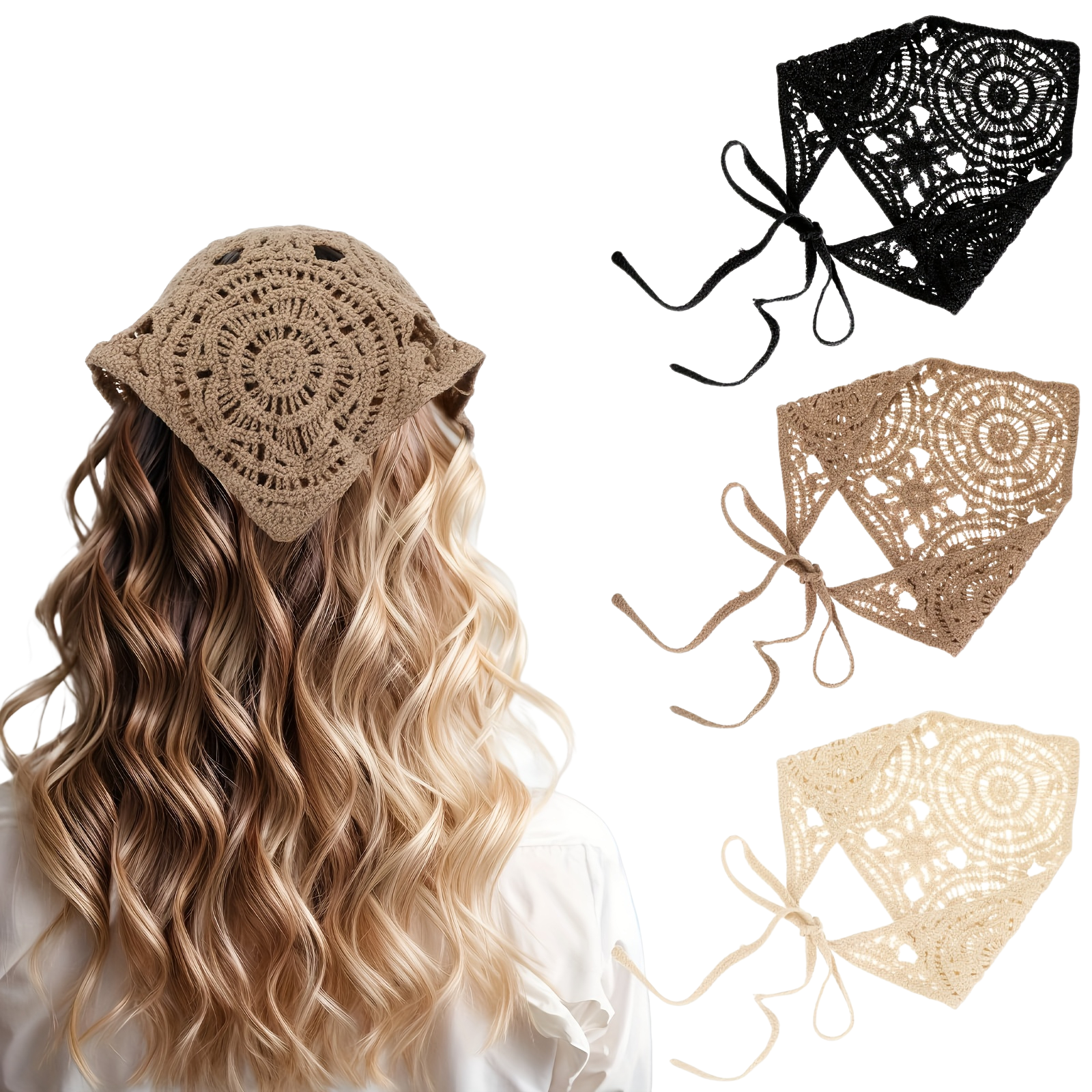 3-piece boho crochet triangle headband set with adjustable bow tie