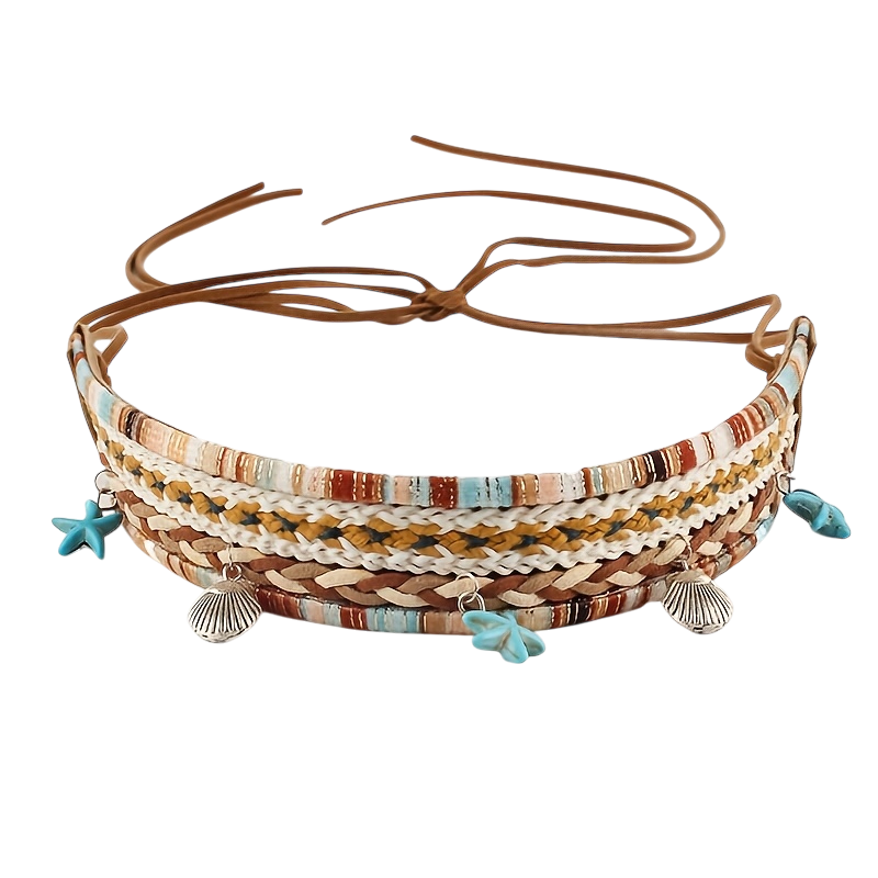 Bohemian triple-wear woven accessory you can style as a headband, necklace or belt.