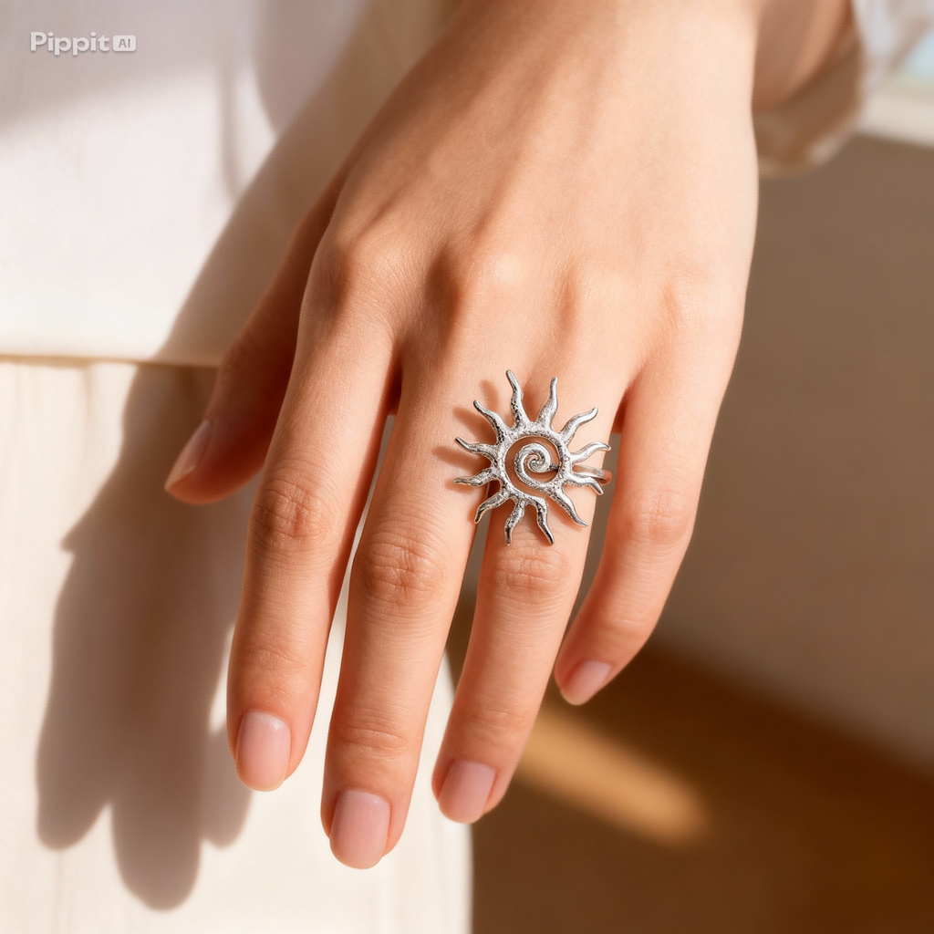 Adjustable bohemian sun ray open ring with vintage textured finish.