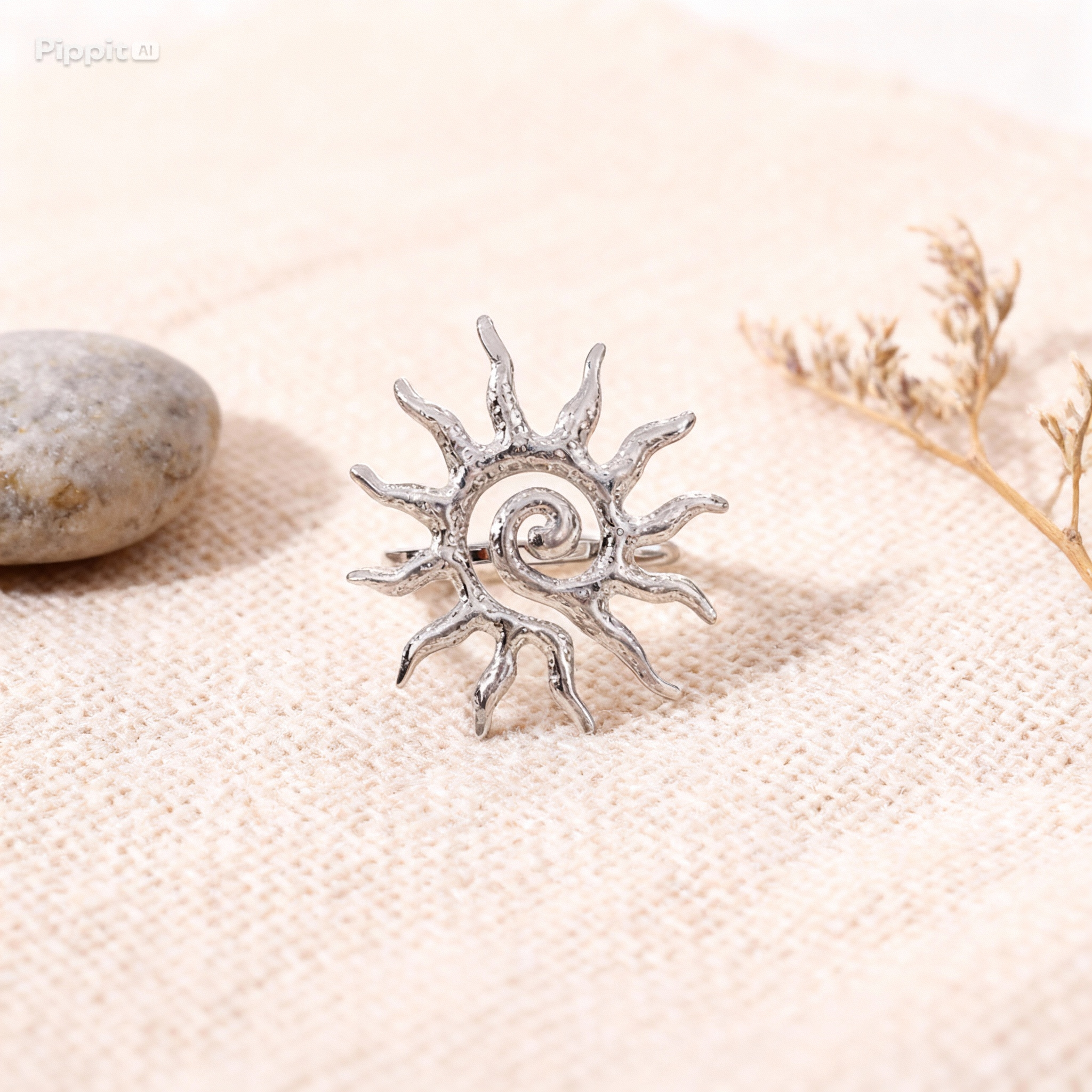 Adjustable bohemian sun ray open ring with vintage textured finish.