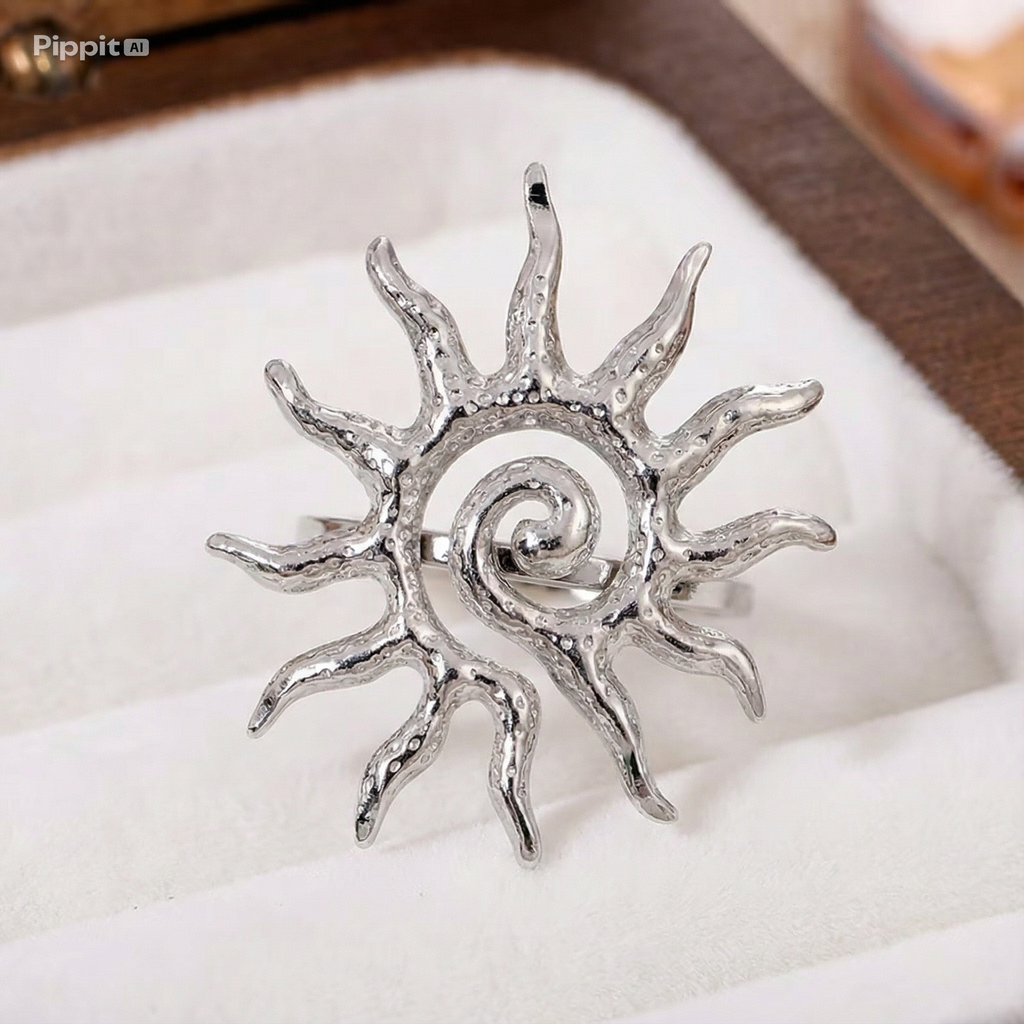 Adjustable bohemian sun ray open ring with vintage textured finish.