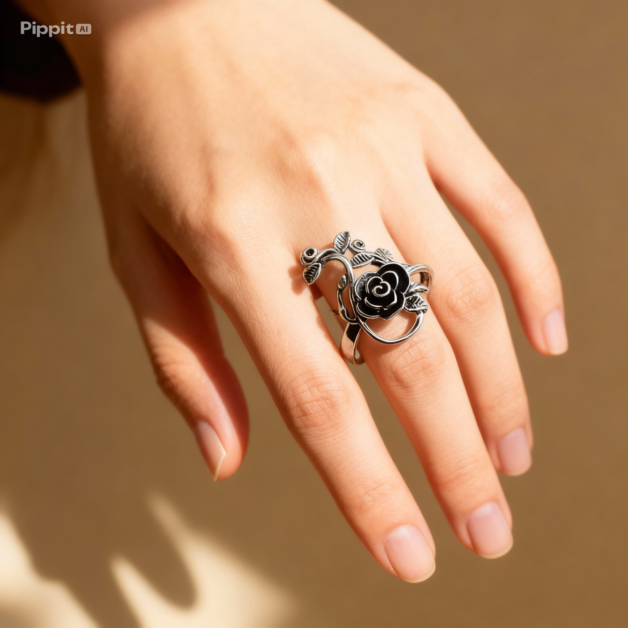 Vintage rose floral ring with adjustable silver-tone band