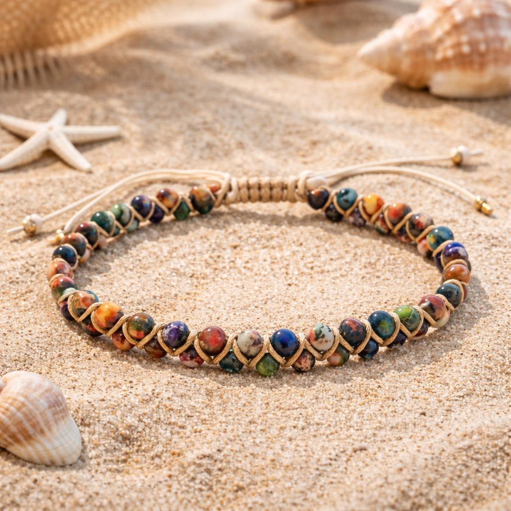 Adjustable Colorful Imperial Jasper Anklet – Handcrafted Boho-Chic Ankle Bracelet