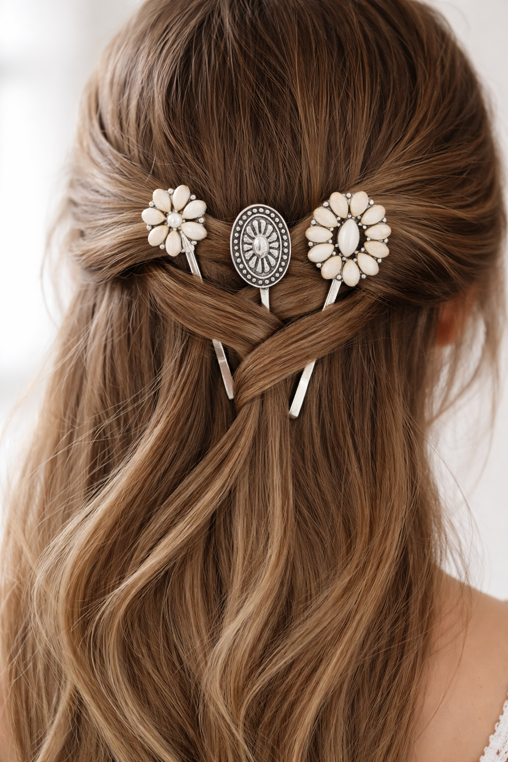 Boho western ivory hair clip set with floral and concho designs