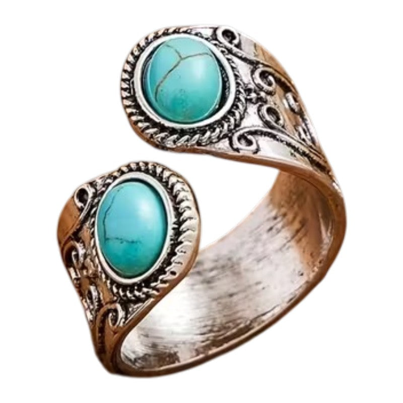 Bohemian Turquoise Adjustable Statement Ring - Vintage Silver Finish