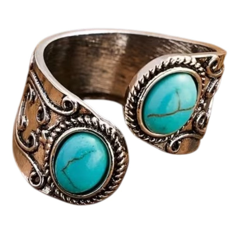 Bohemian Turquoise Adjustable Statement Ring - Vintage Silver Finish