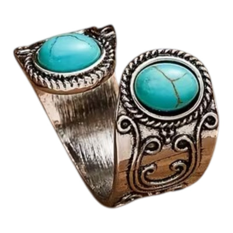 Bohemian Turquoise Adjustable Statement Ring - Vintage Silver Finish