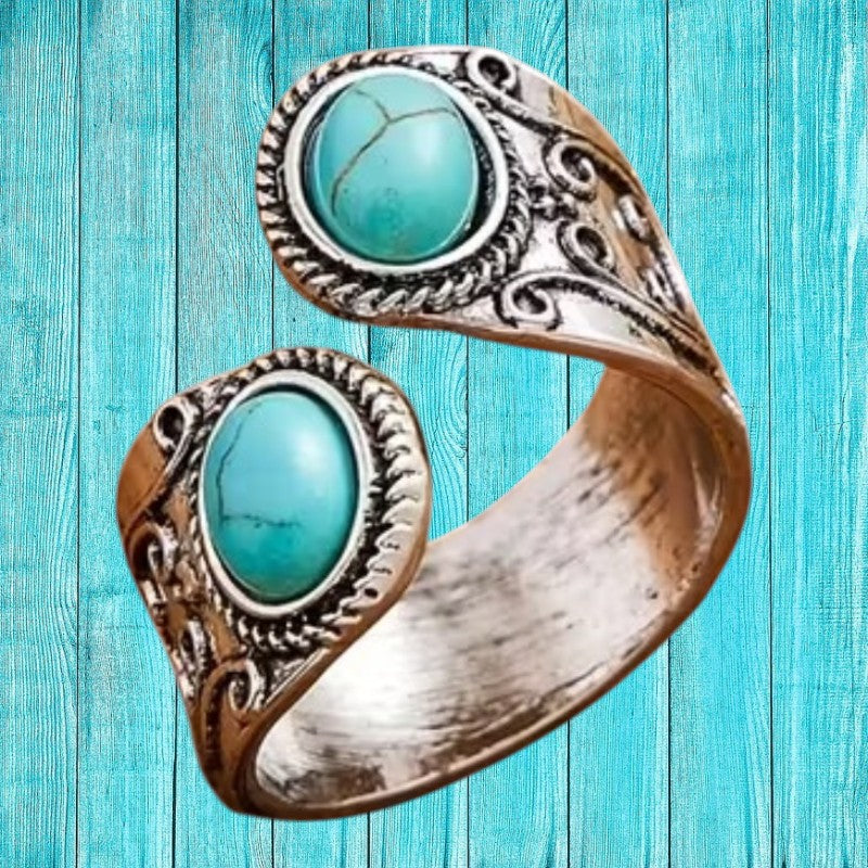 Bohemian Turquoise Adjustable Statement Ring - Vintage Silver Finish