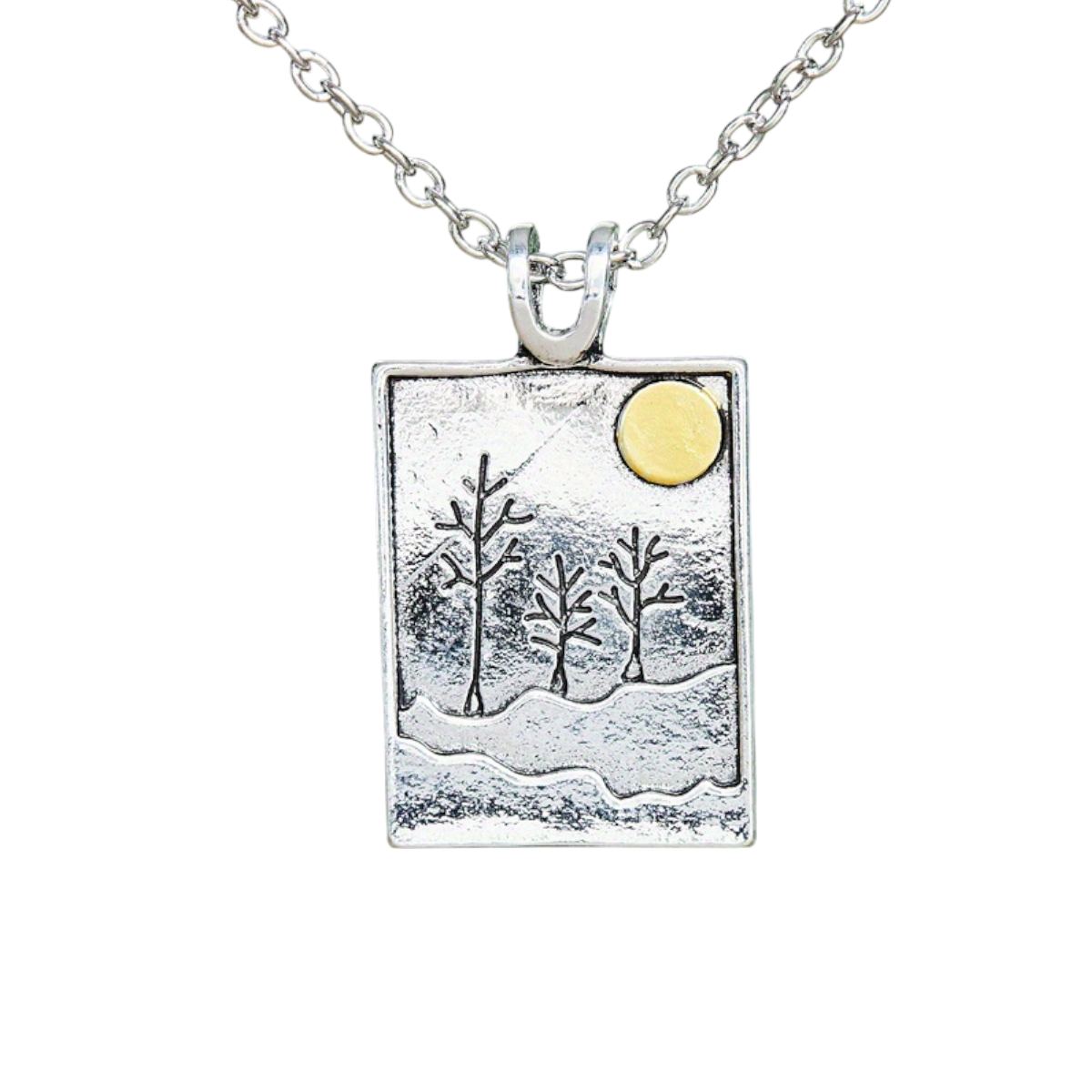Bohemian Sun & Forest Pattern Rectangular Pendant Necklace – Minimalist Vintage Jewellery Gift