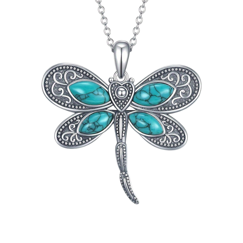 Elegant Retro Dragonfly Heart Pendant Necklace – Bohemian Turquoise Jewellery
