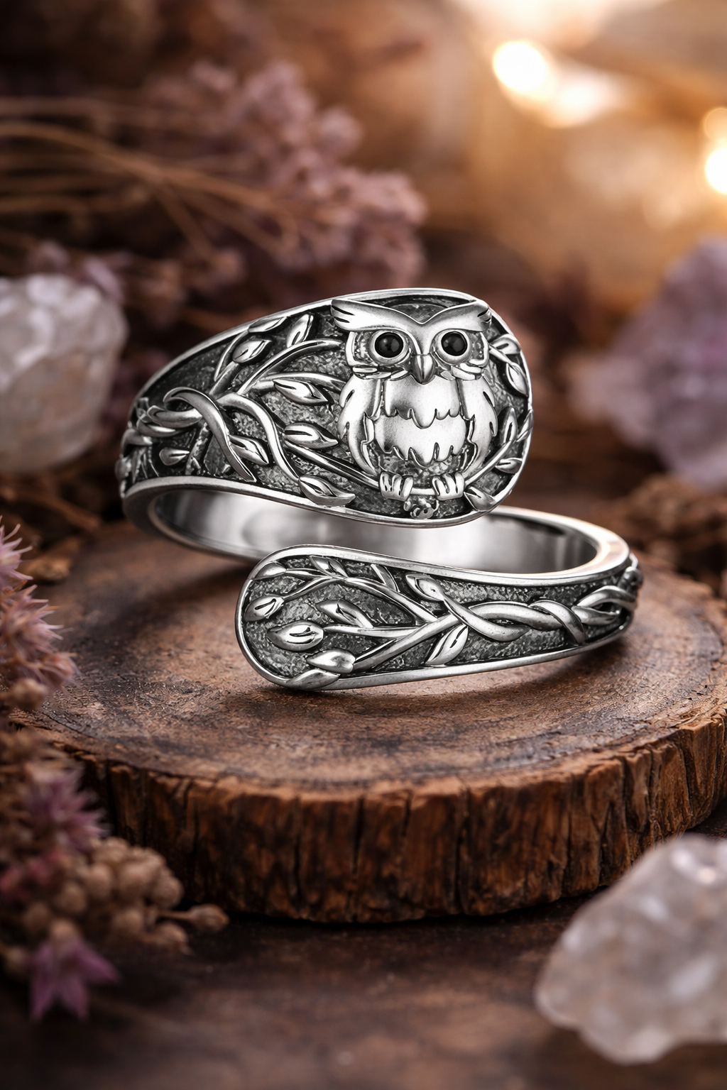Vintage Owl Vine Spoon Ring – Adjustable Bohemian Statement Ring