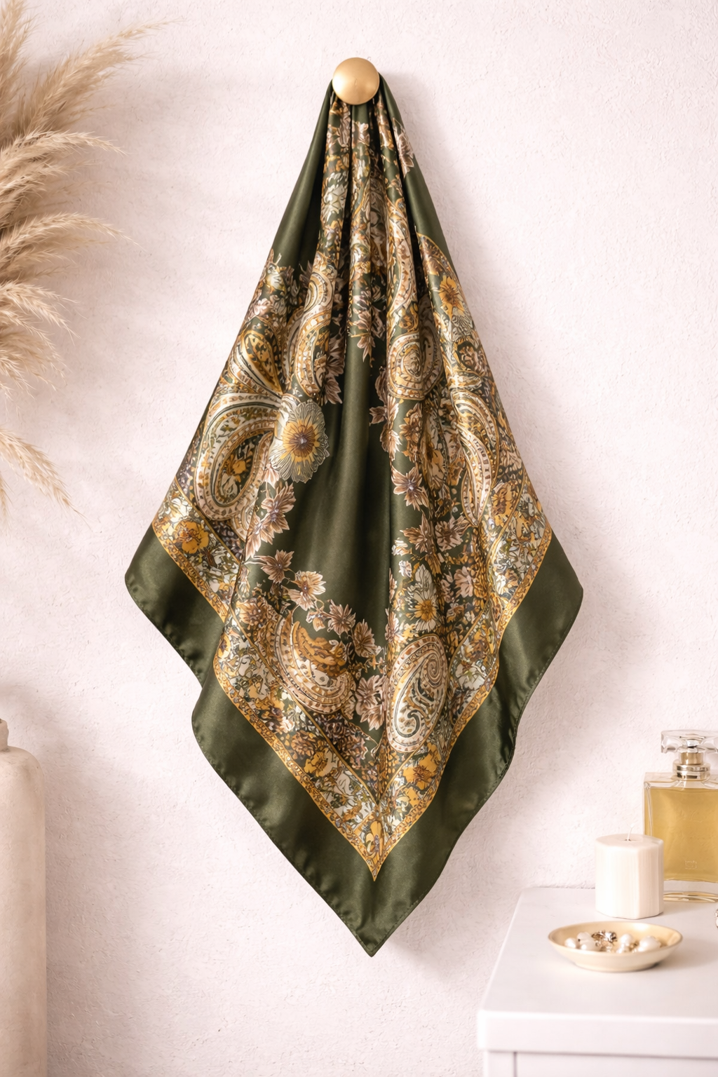 Vintage Paisley Satin Square Scarf – 90×90cm Elegant Headscarf - Green