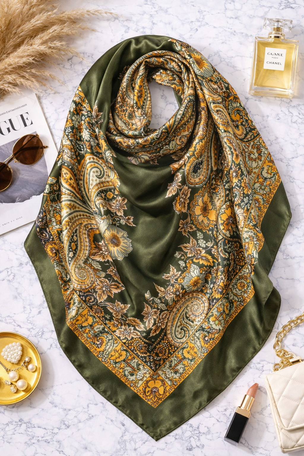 Vintage Paisley Satin Square Scarf – 90×90cm Elegant Headscarf - Green