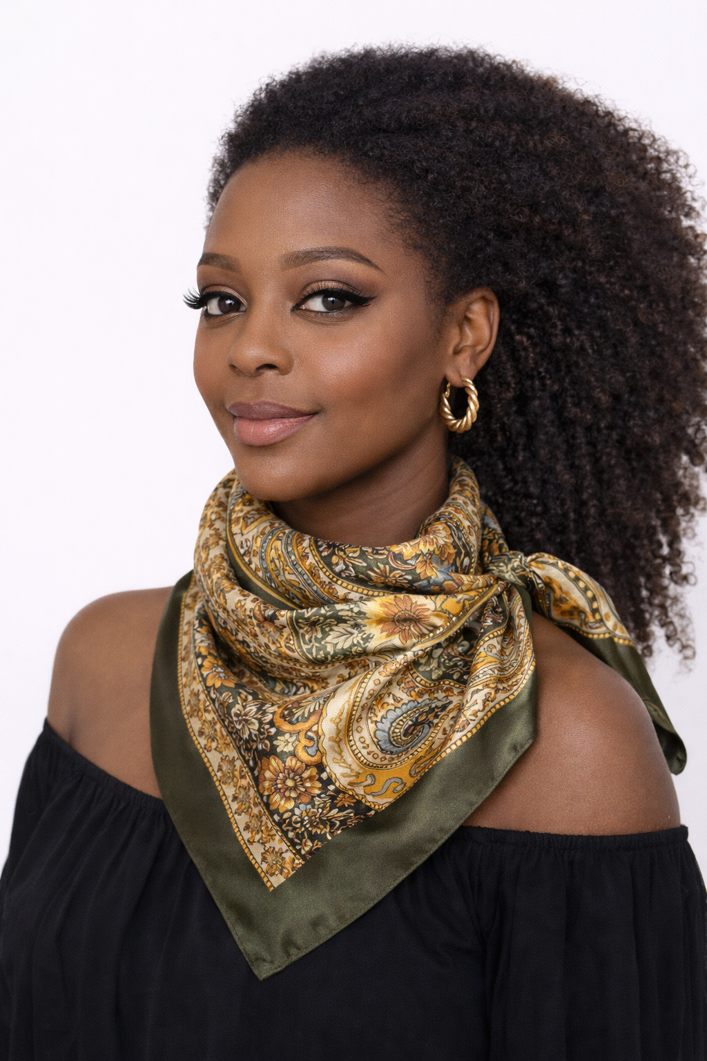 Vintage Paisley Satin Square Scarf – 90×90cm Elegant Headscarf - Green