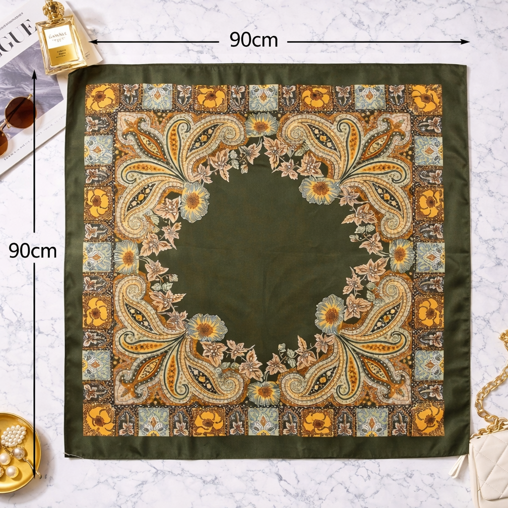 Vintage Paisley Satin Square Scarf – 90×90cm Elegant Headscarf - Green