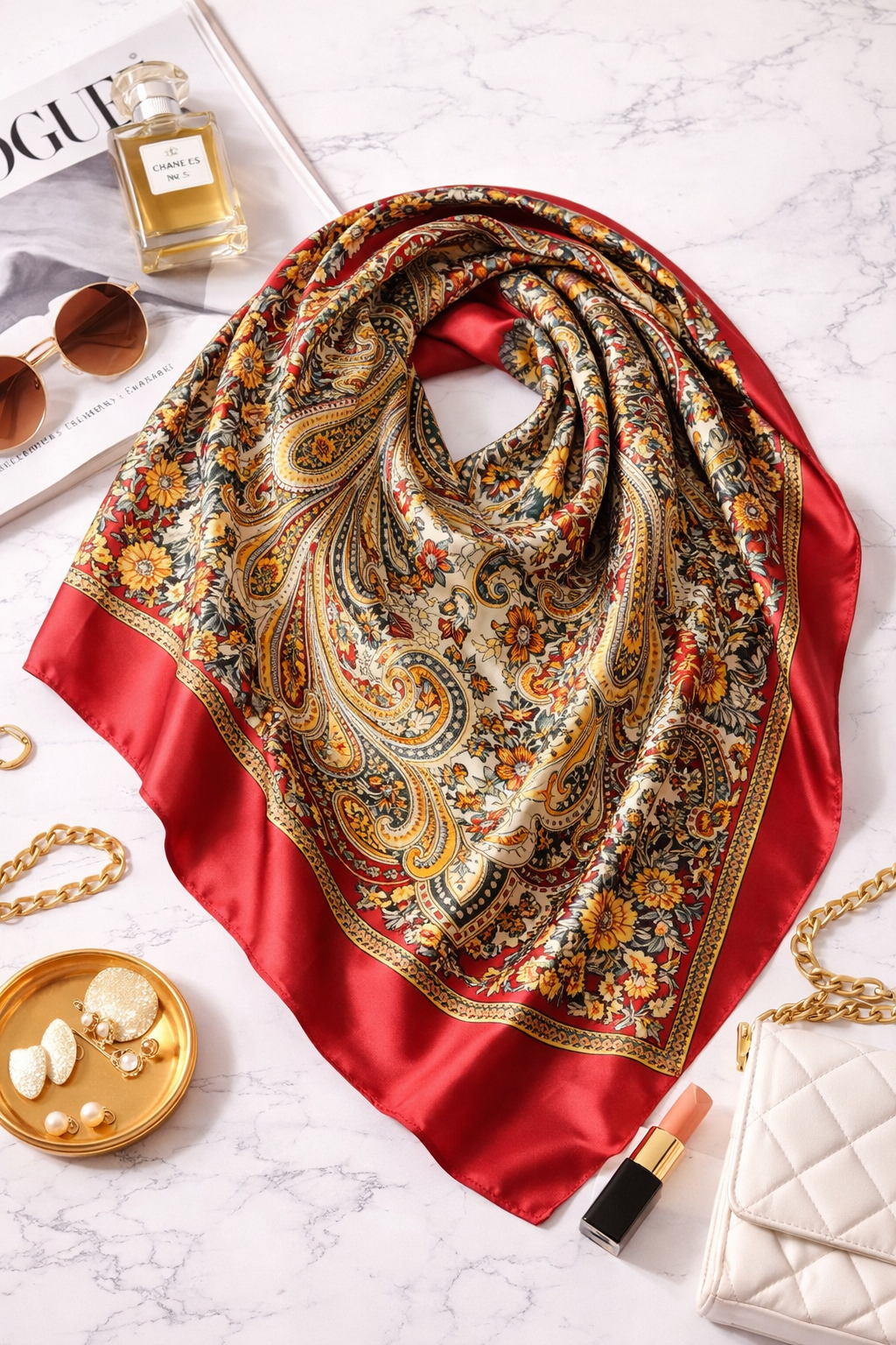 Vintage Paisley Satin Square Scarf – 90×90cm Elegant Headscarf (Red)