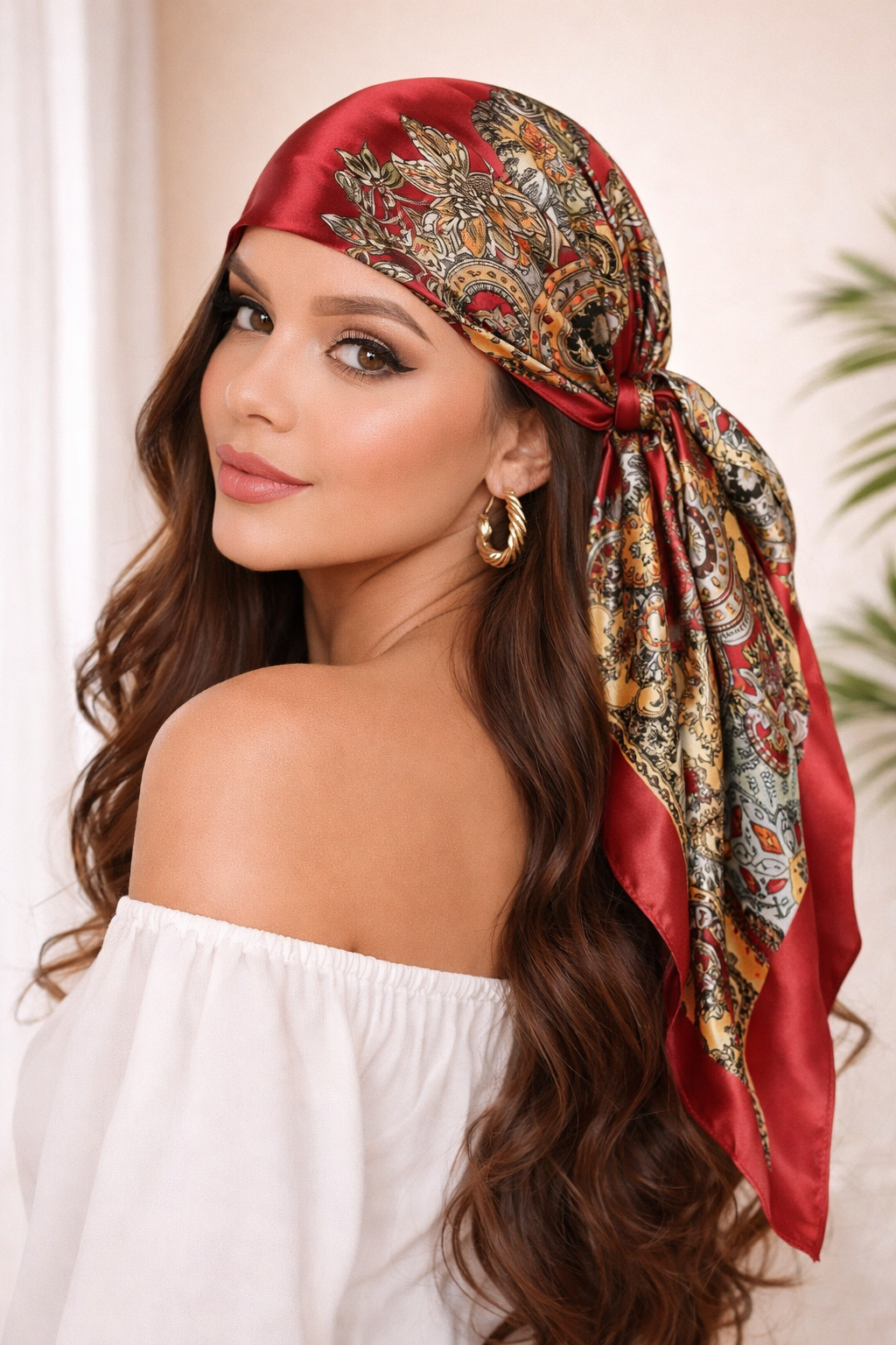 Vintage Paisley Satin Square Scarf – 90×90cm Elegant Headscarf (Red)