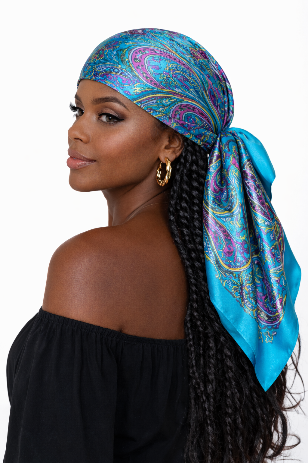 Retro Satin Paisley Square Scarf – Elegant Bohemian Headwear for Women