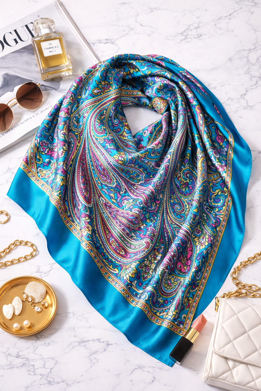 Retro Satin Paisley Square Scarf – Elegant Bohemian Headwear for Women