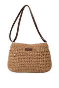 Brown woven handbag with a leather strap on a white background