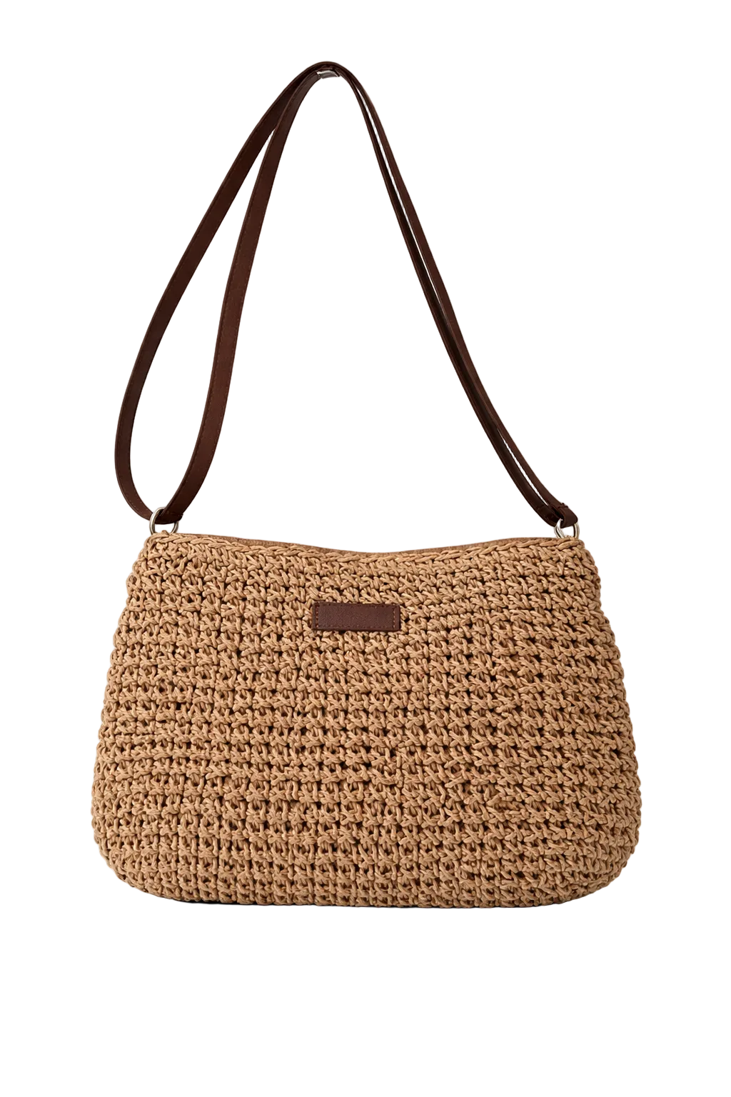 Brown woven handbag with a leather strap on a white background