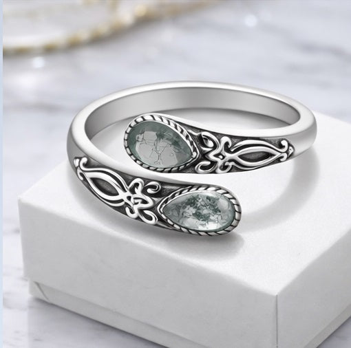 Vintage S925 sterling silver Celtic knot open ring with moss agate stones