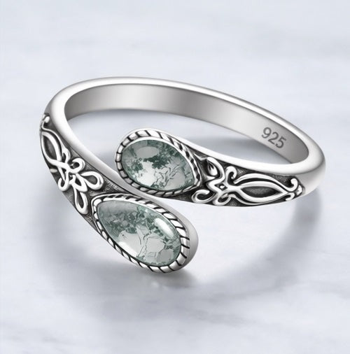 Vintage S925 sterling silver Celtic knot open ring with moss agate stones