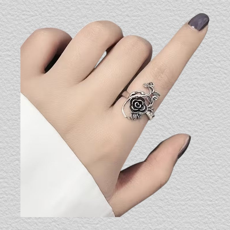 Vintage rose floral ring with adjustable silver-tone band