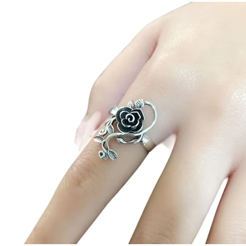 Vintage rose floral ring with adjustable silver-tone band