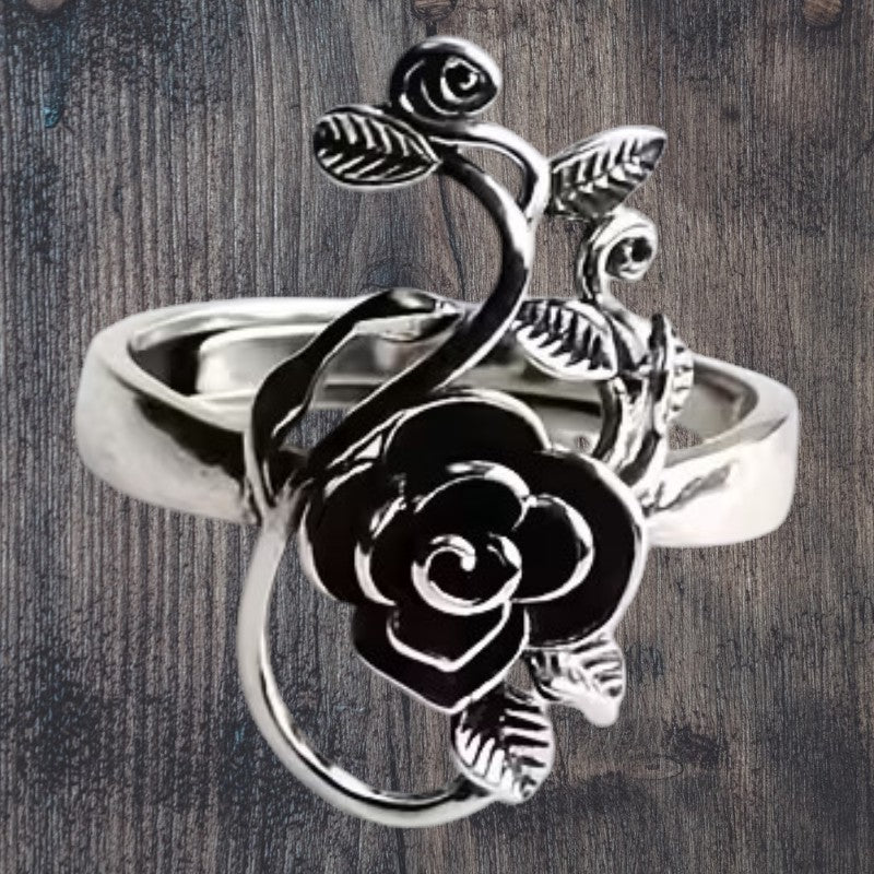 Vintage rose floral ring with adjustable silver-tone band