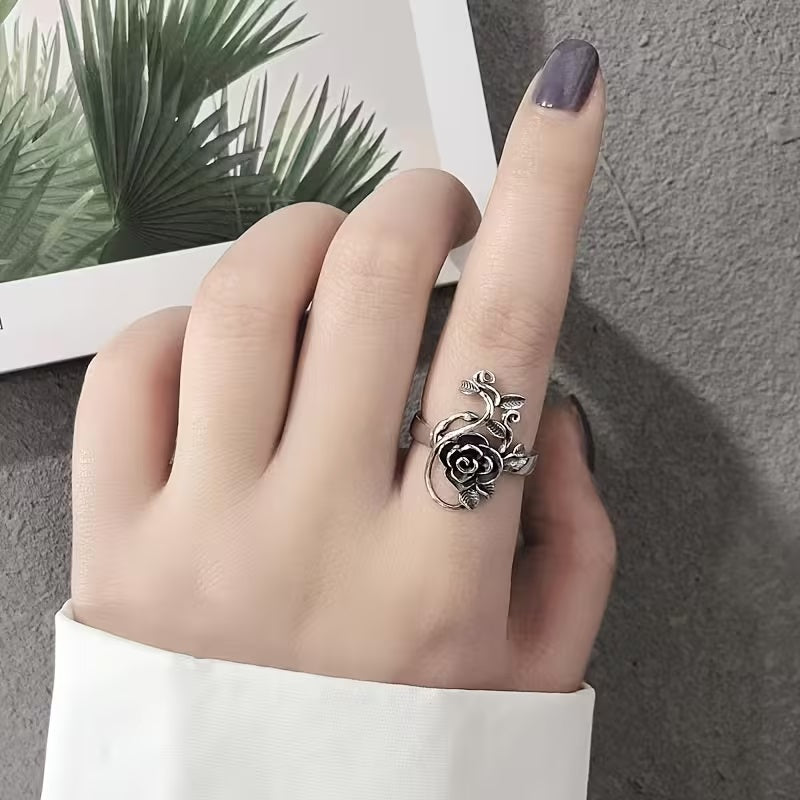 Vintage rose floral ring with adjustable silver-tone band