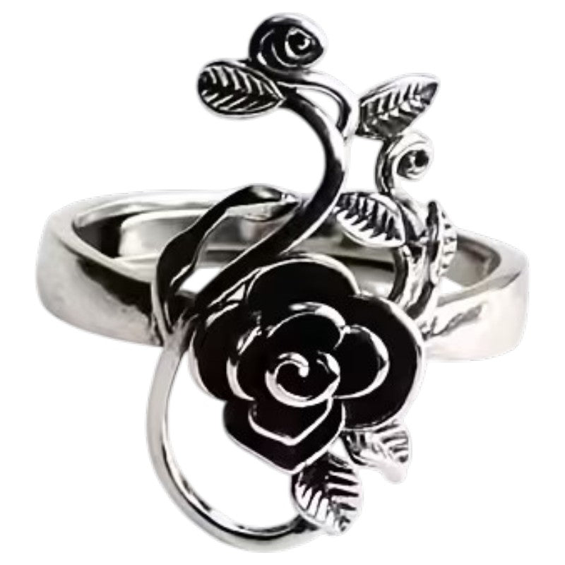Vintage rose floral ring with adjustable silver-tone band