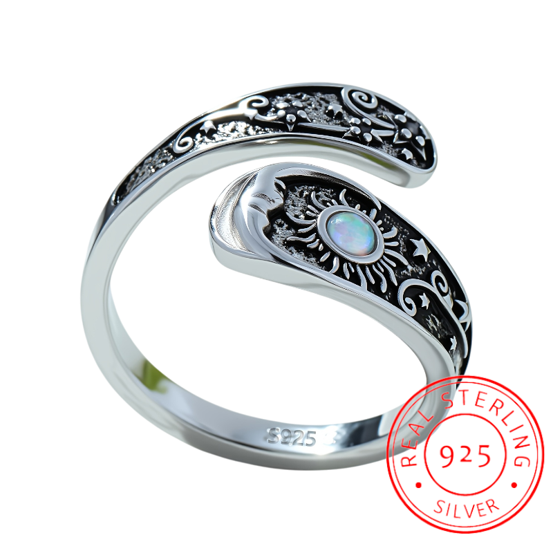 Vintage 925 sterling silver sun and moonstone ring with starry sky vine details