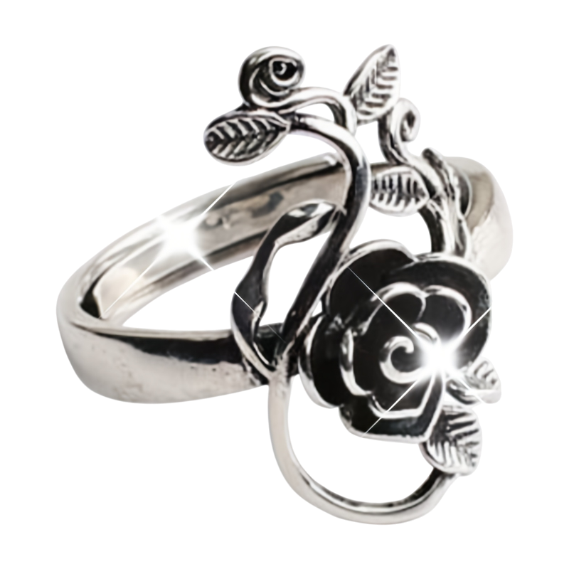 Vintage rose floral ring with adjustable silver-tone band
