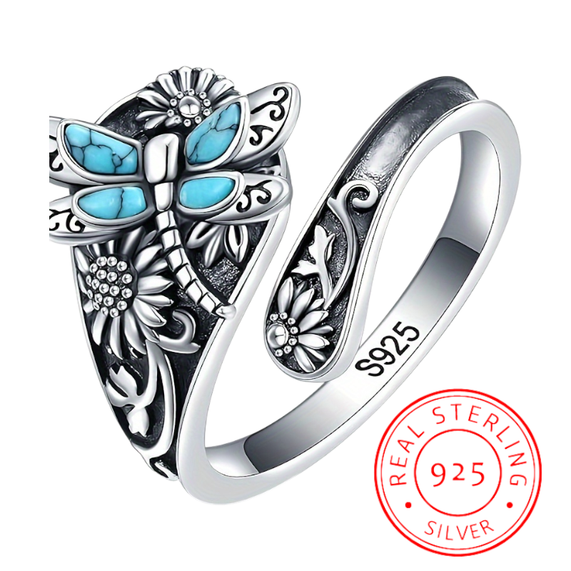 Vintage S925 sterling silver wrap ring with turquoise dragonfly and sunflower details.