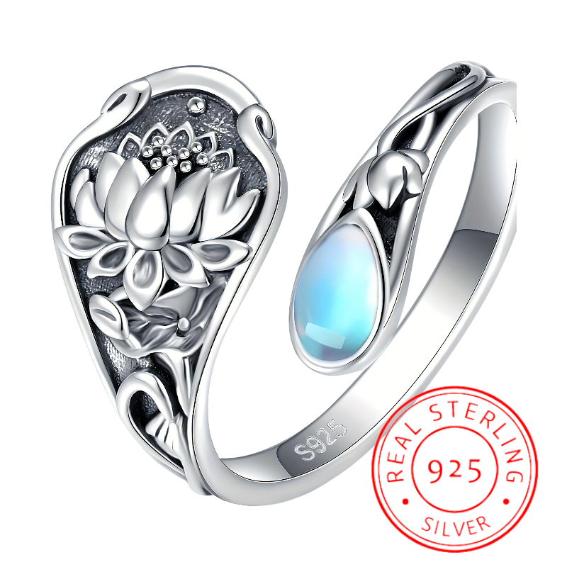 Vintage 925 sterling silver lotus flower wrap ring with moonstone accents.