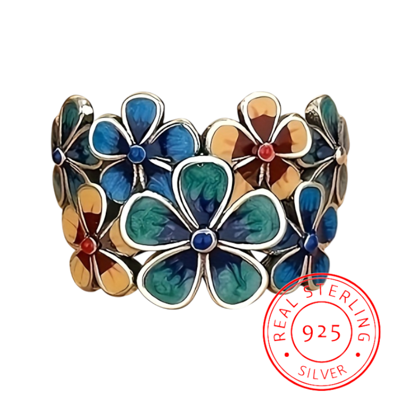 Vintage bohemian 925 sterling silver floral ring with colourful enamel-style detailing