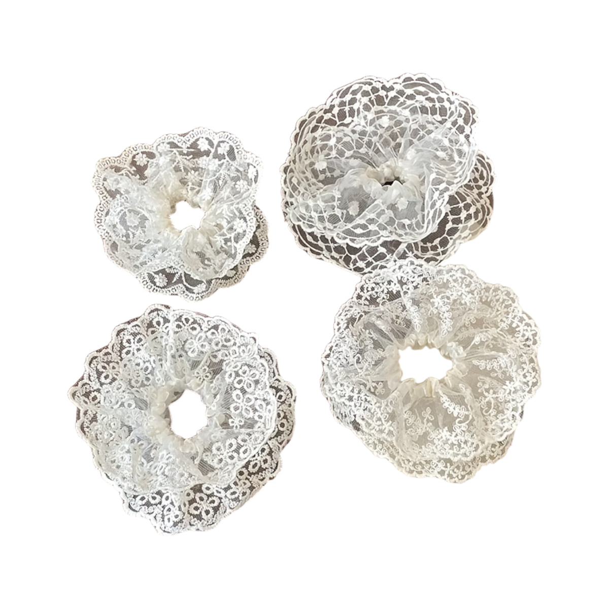 Set of 4 White Lace Scrunchies – Daisy & Four-Leaf Clover Hair Ties