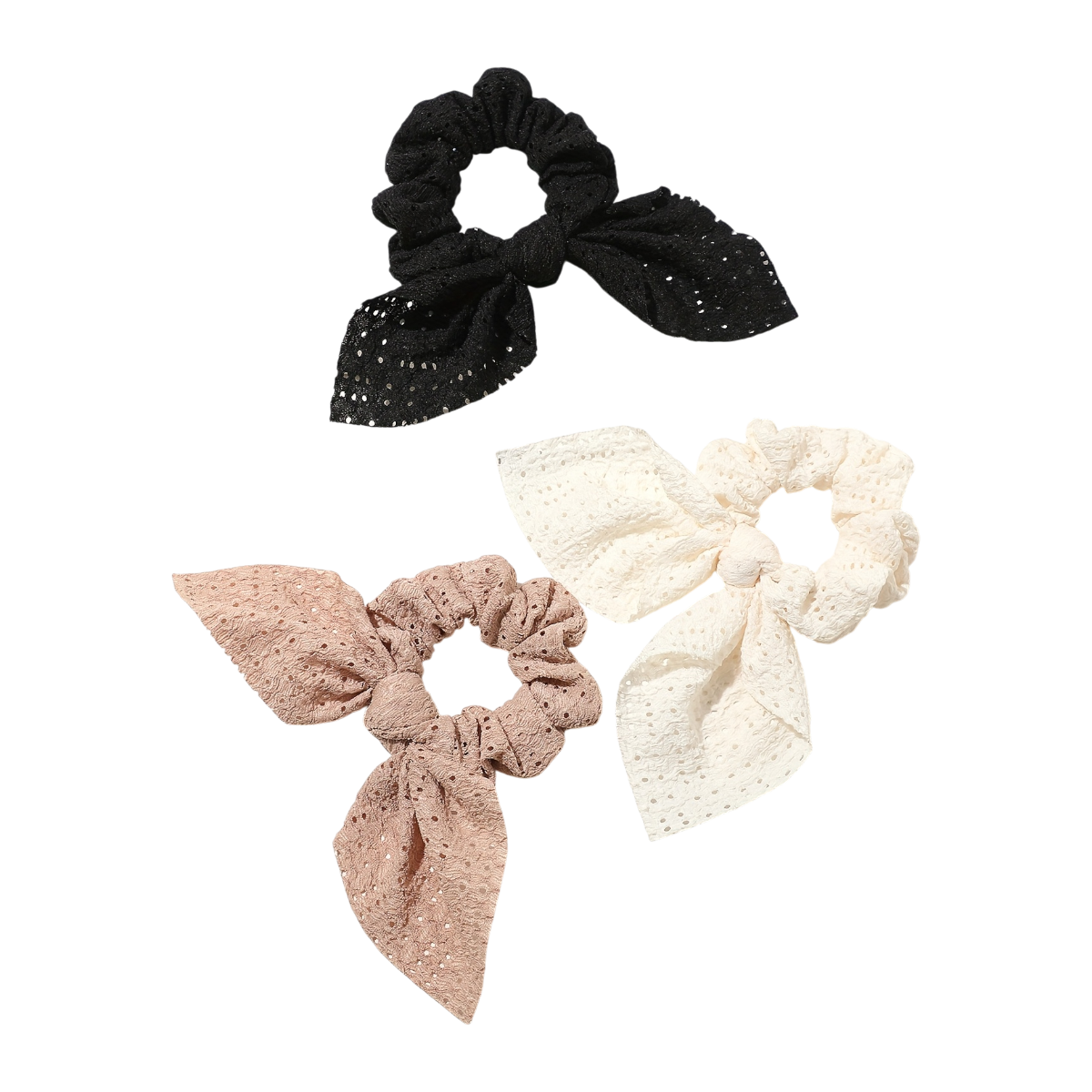 Set of 3 Earth Tone Bow Scrunchies – Hollow Fabric Hair Ties with Square Scarves