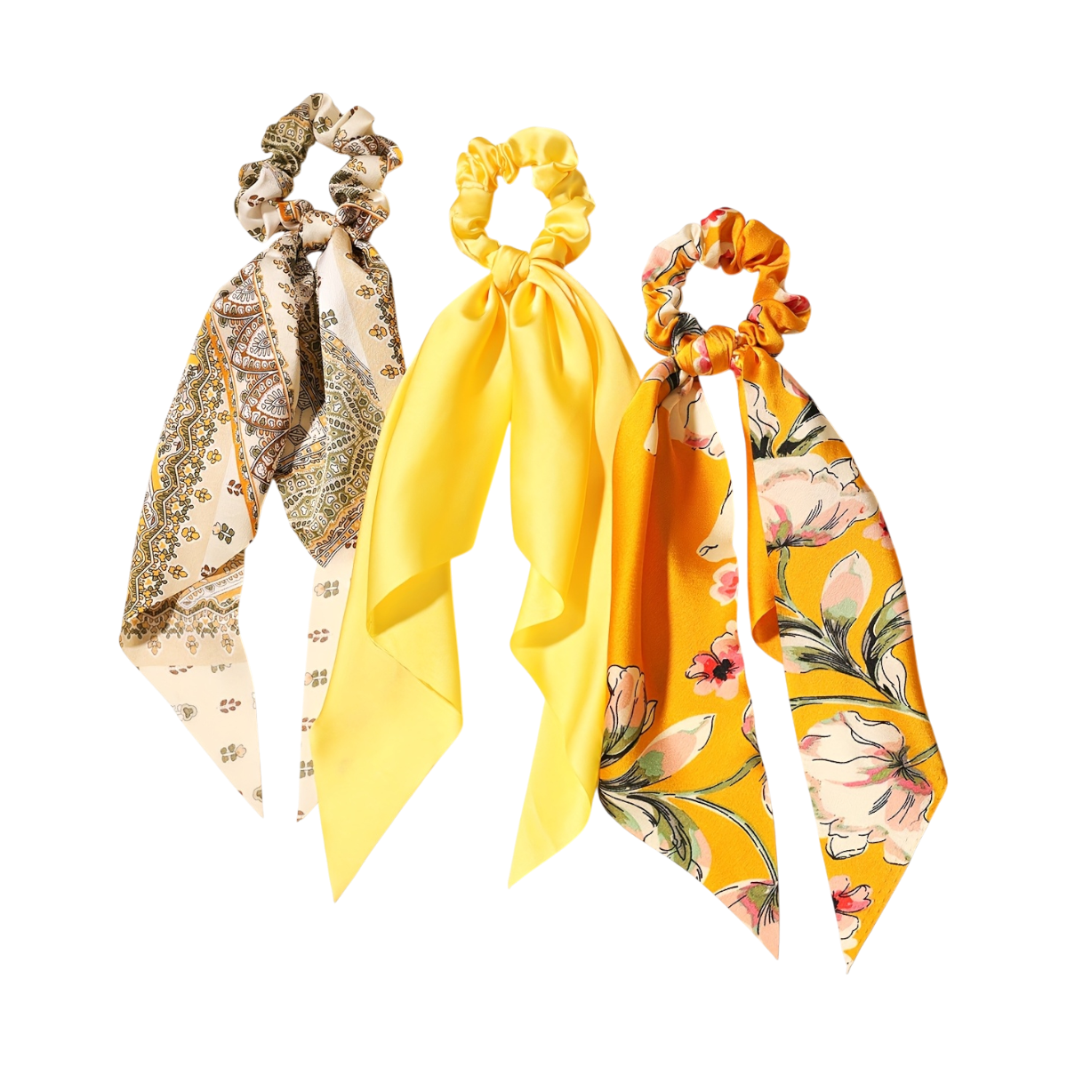 Set of 3 Printed Fabric Bow Scrunchies – Rings with Scarf Tails (Yellow)