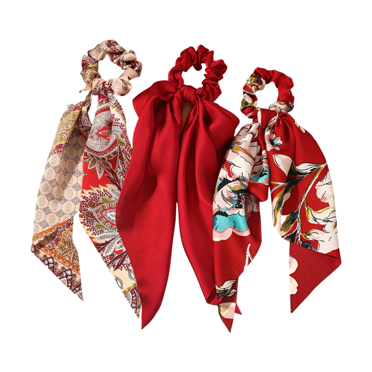 Set of 3 Printed Fabric Bow Scrunchies – Rings with Scarf Tails (Red)