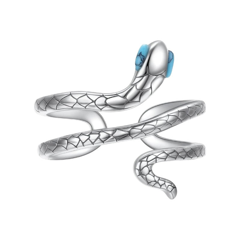 Adjustable S925 sterling silver snake ring with turquoise eyes.