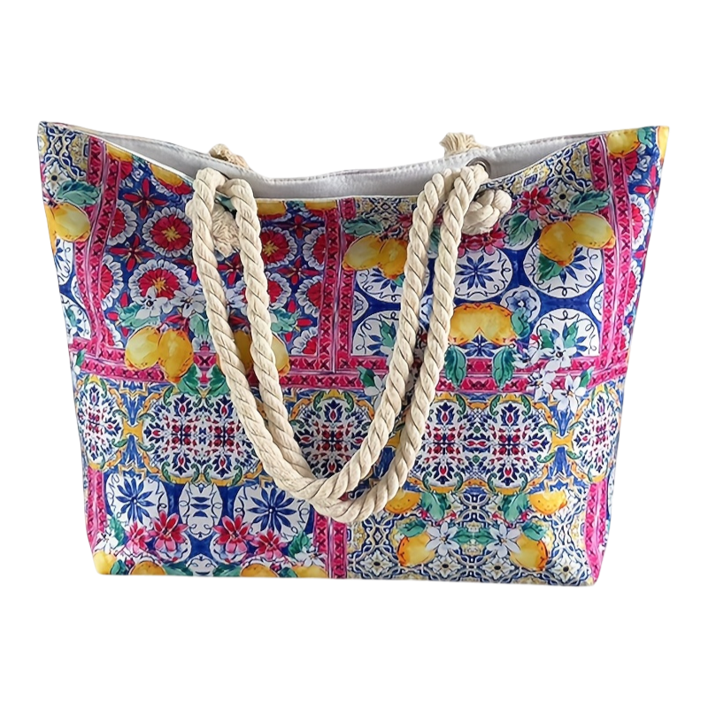 Vintage Mediterranean Style Women’s Tote Bag with Spacious Interior and Elegant Coastal Design